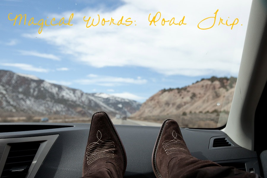 boots, mountain and text that says road trip