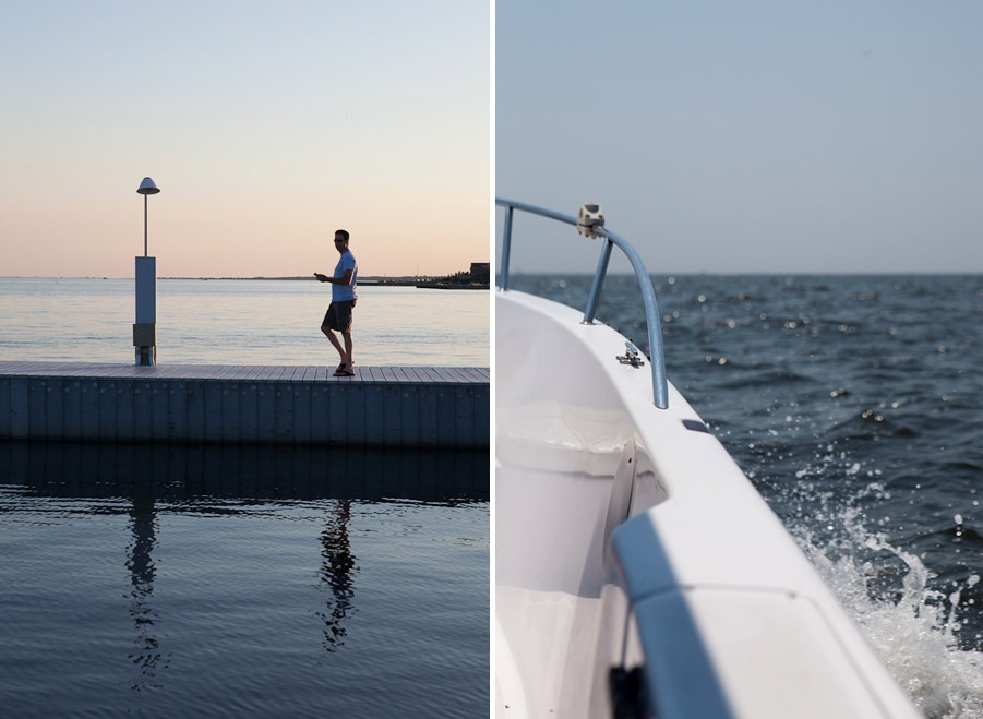 two images--one of a man walking on a dock at sunset and on looking off the side of a boat