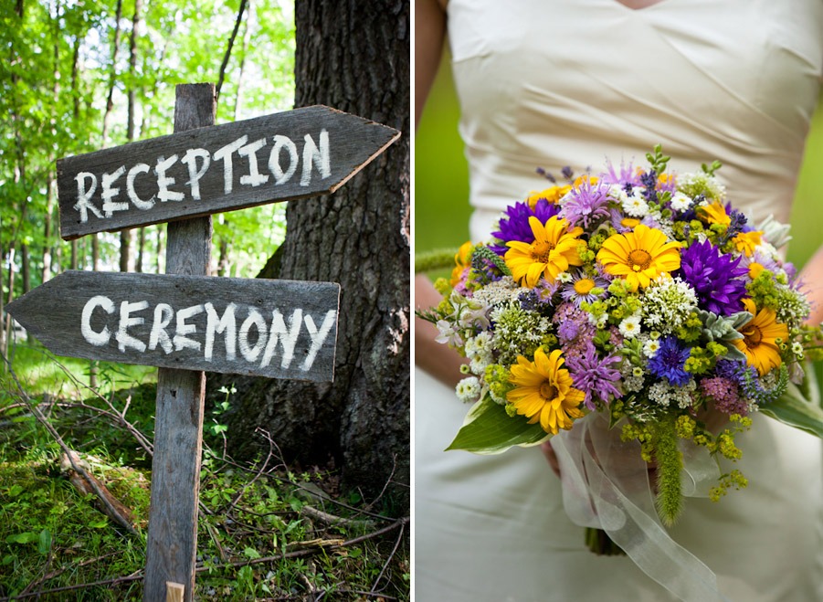 a photo of a wooden wedding ceremony and a photo of bride's bouquet