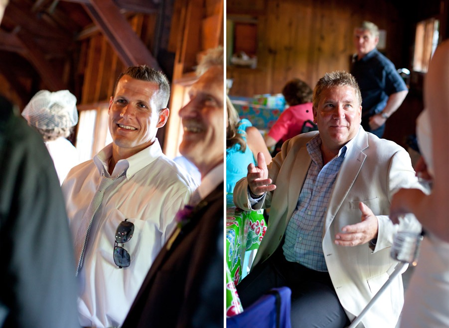 two photos of men mingling in a wooden barn