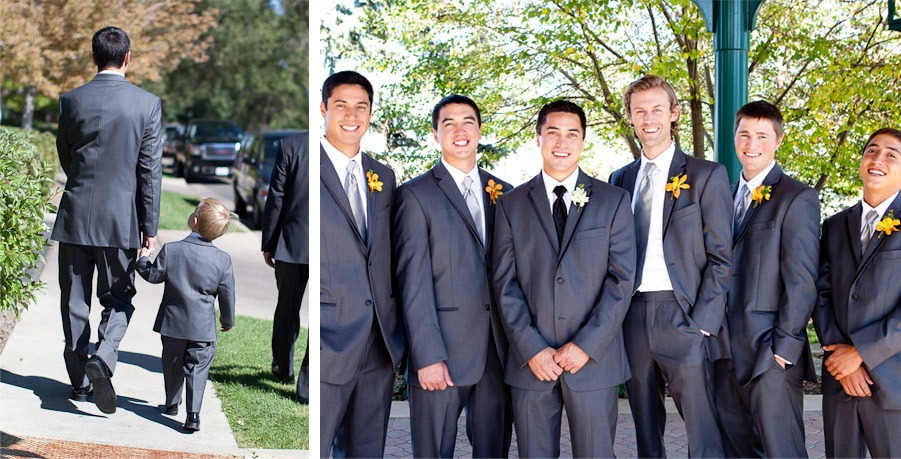 two photos, one featuring a ring bearer holding a groomsman's hand and the other featuring the groom and his groomsmen smiling for a portrait