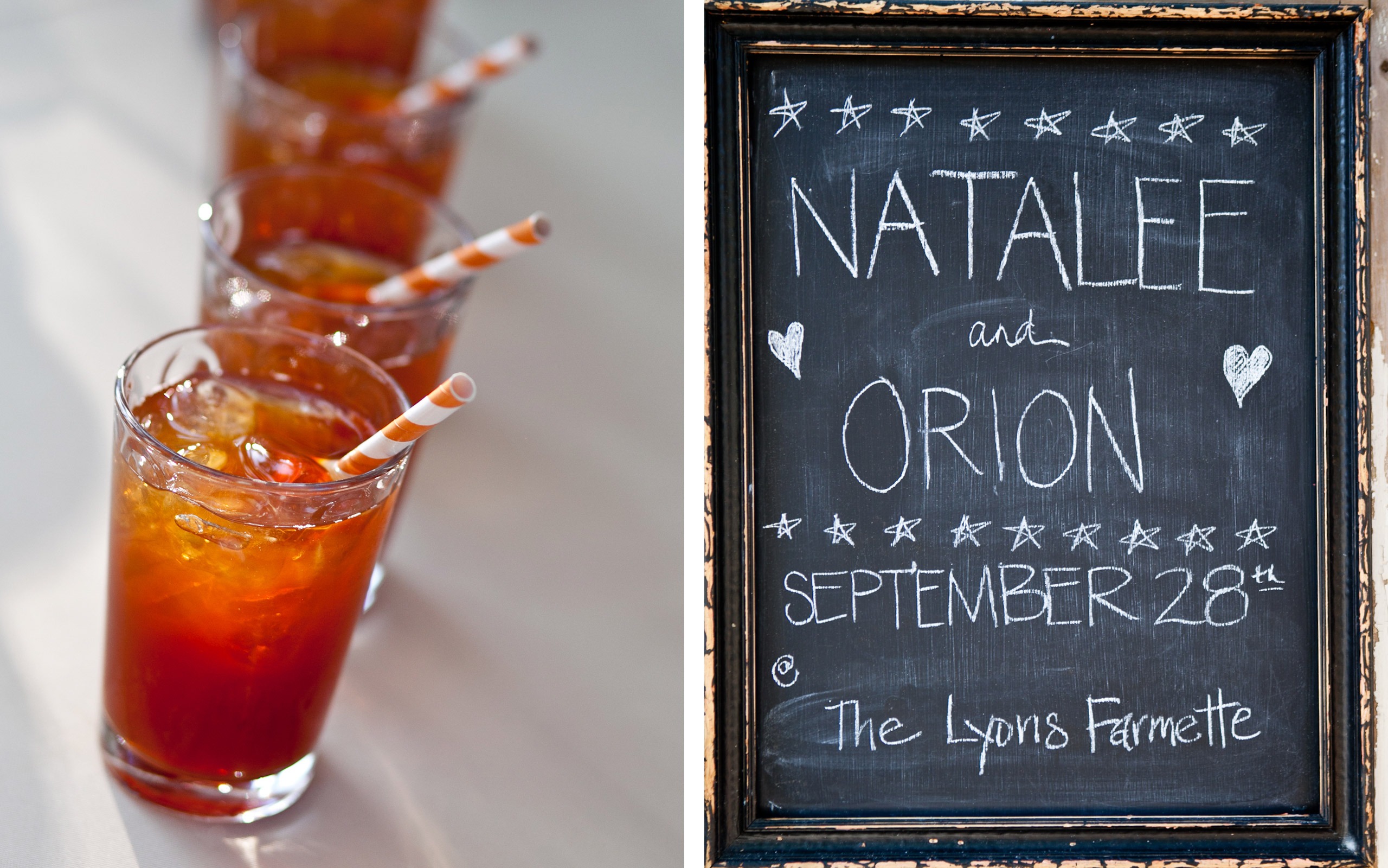 ice cold drinks with pretty orange straws and a chalkboard with a wedding couple's name
