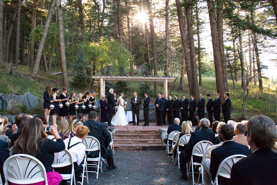 the sun shines through tall trees at an outdoor wedding ceremony