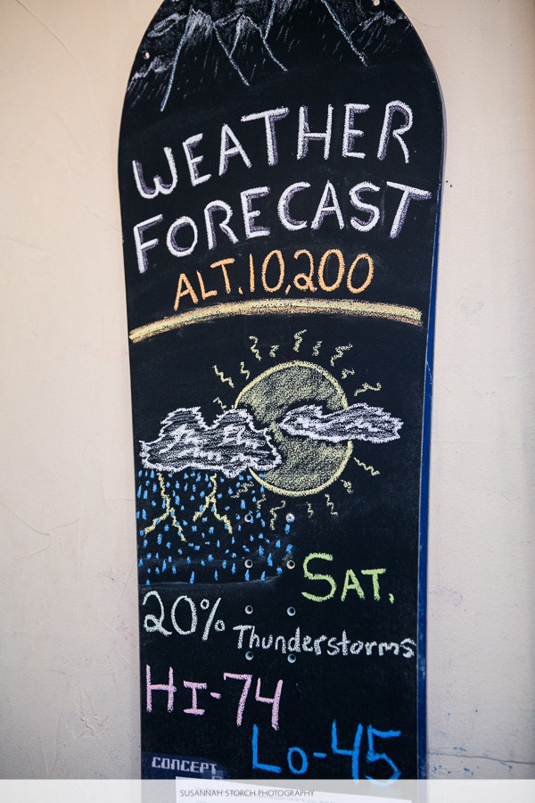 a chalkboard sign tells the day's weather forecast