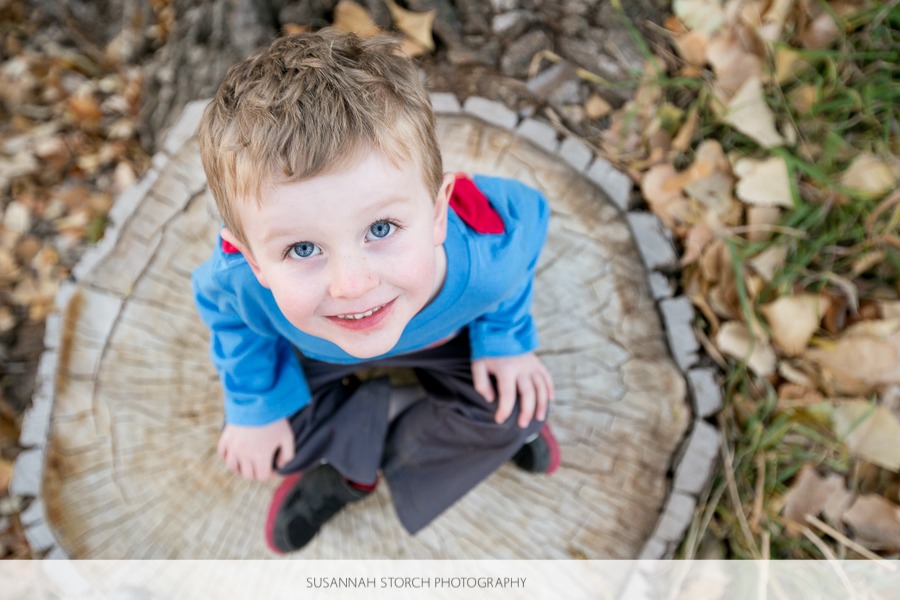 a boy looks up while sitting on a tree stump
