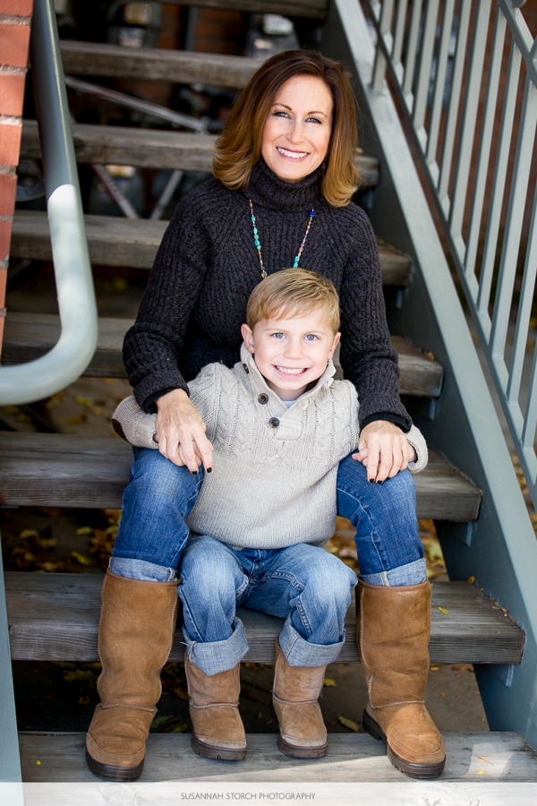 portrait of mom and son on steps