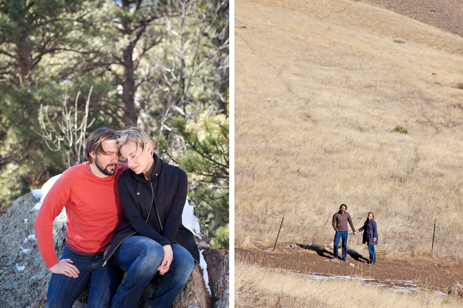 two images of a Boulder engaged couple snuggling outside
