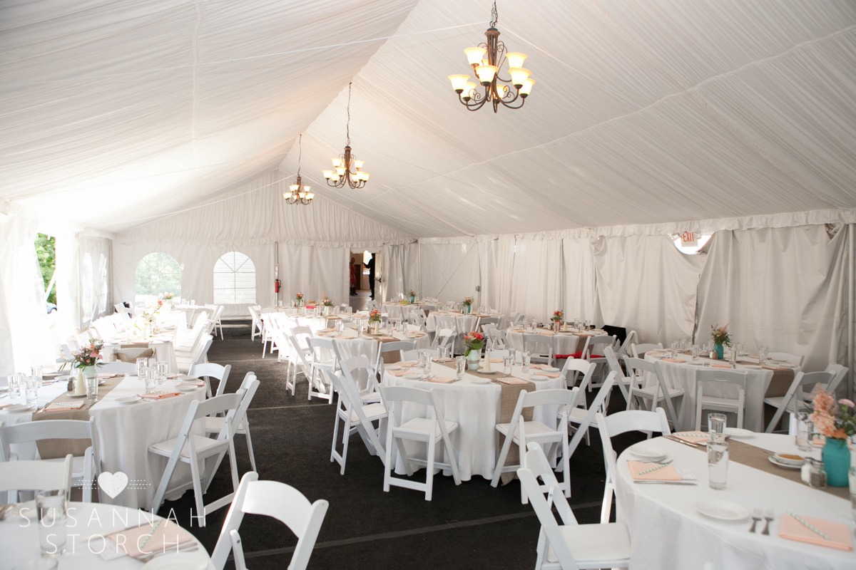 white tables and chairs with burlap table runners