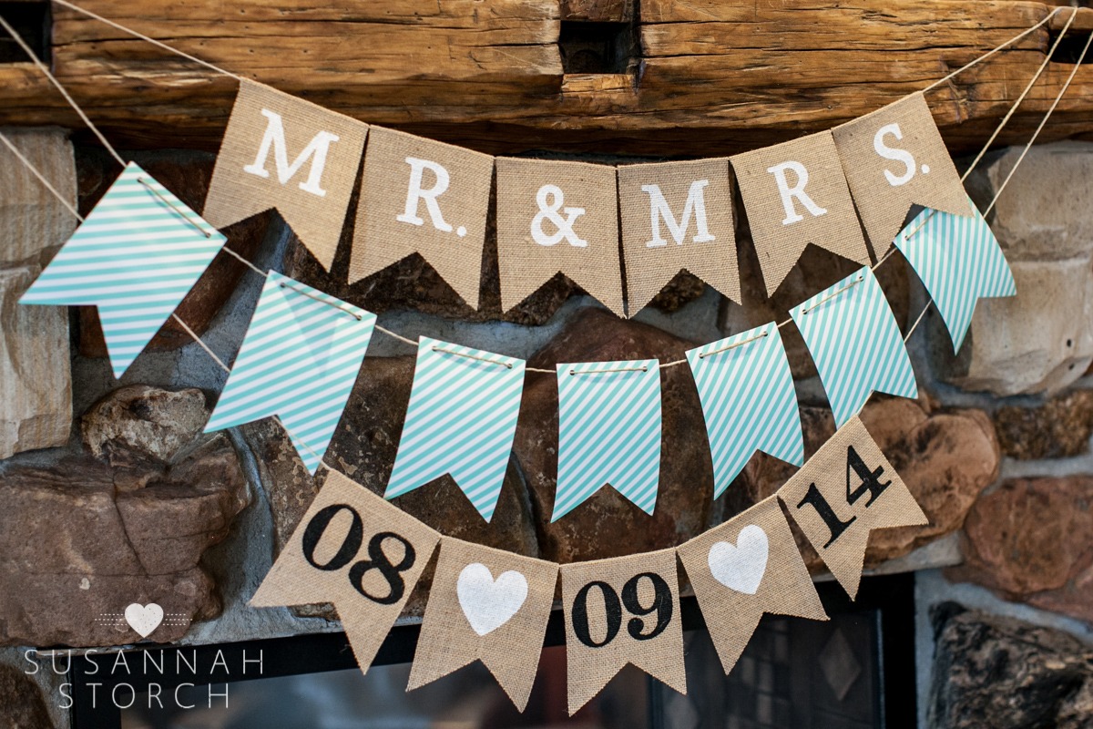 burlap bunting that reads "mr and mrs" and the date