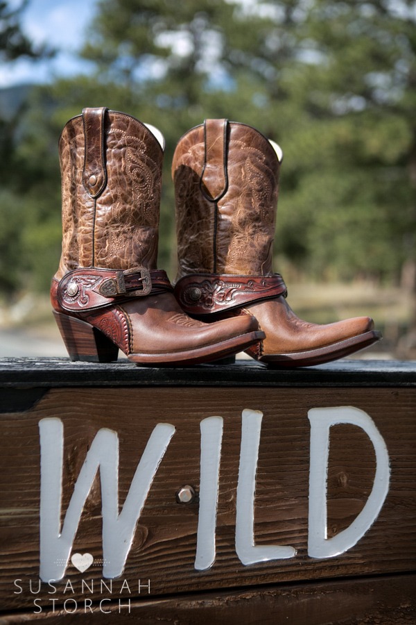 cowboy boots sit on a wooden sign that says WILD