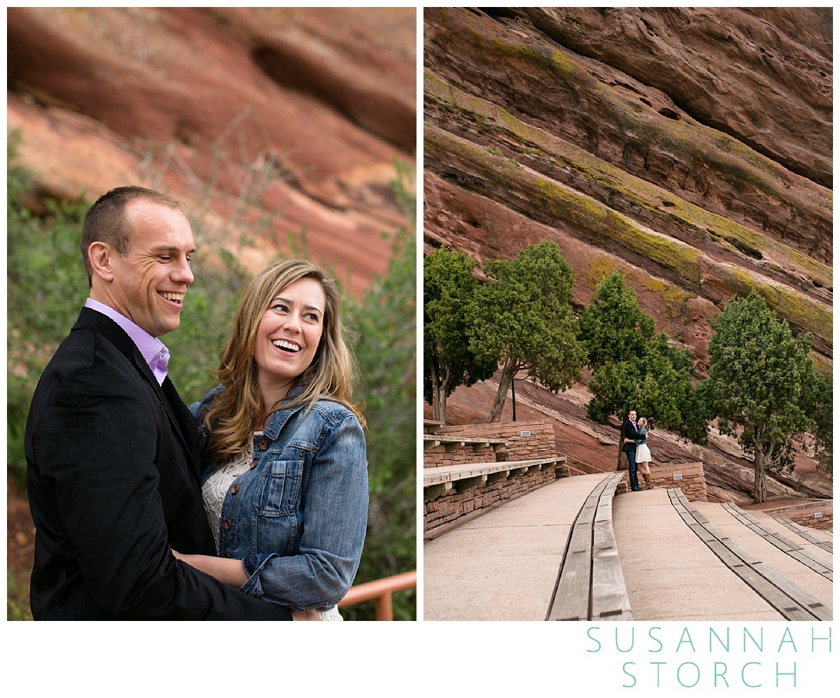 a happy couple pose for their engagement photos at red rocks amphitheater