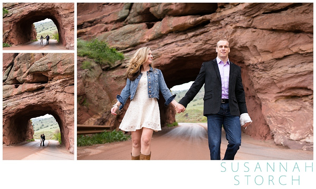 three images of an engaged couple walking through a tunnel at red rocks amphitheater