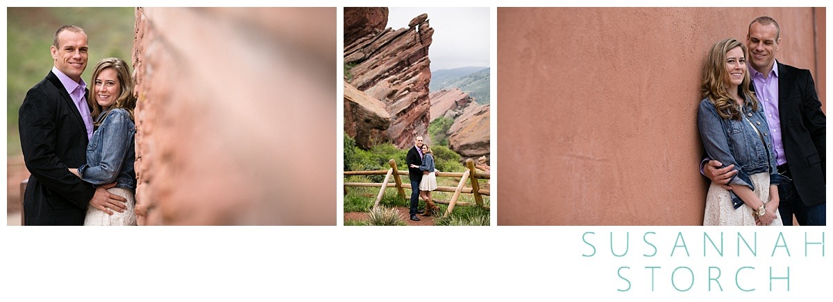 three images of an engaged couple hanging out amongst the red at red rocks amphitheater