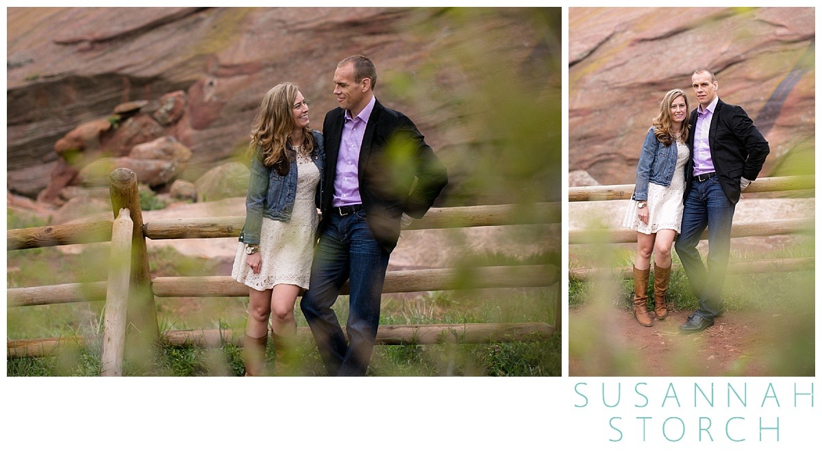 two images of an engaged couple leaning on a fence at red rocks