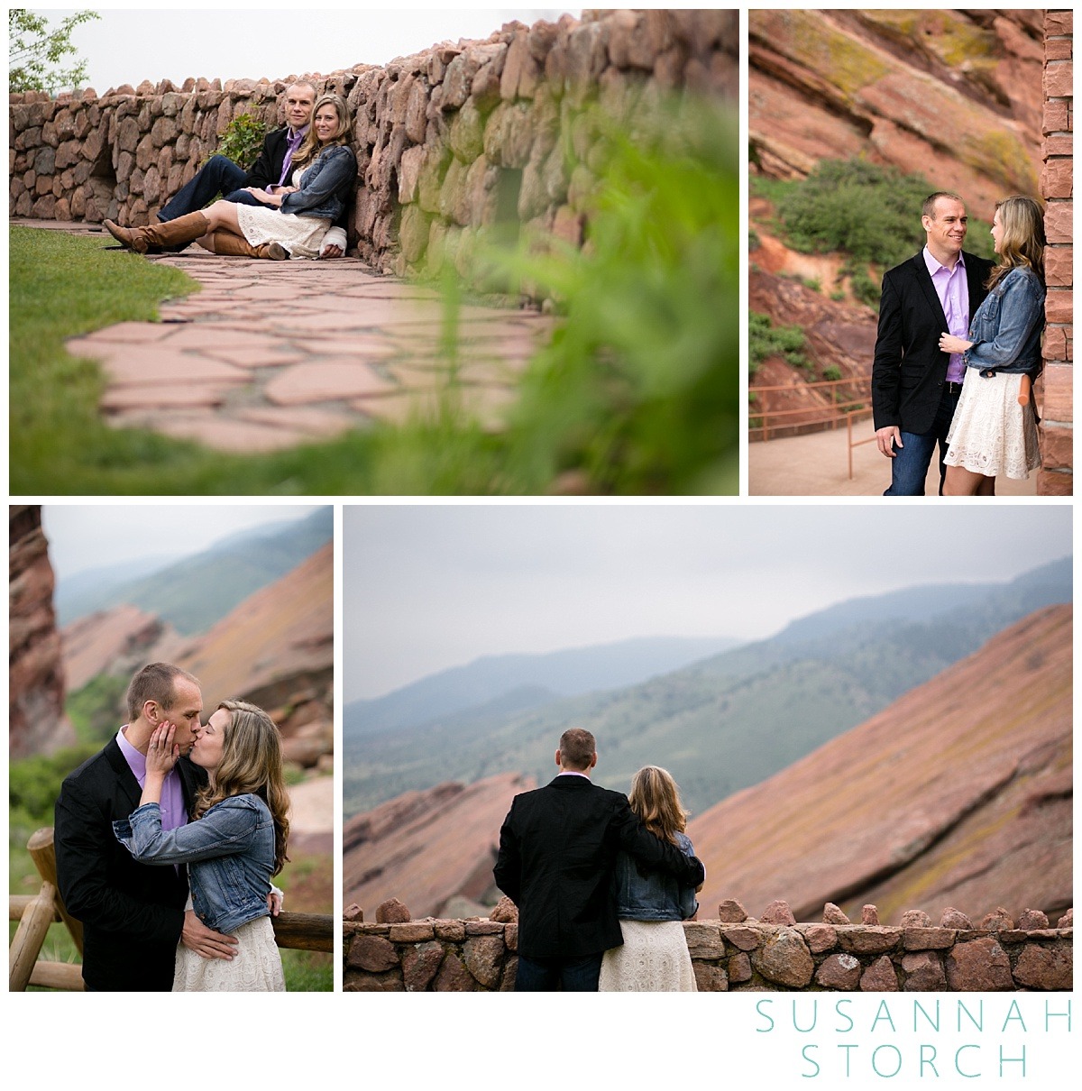four images of an engaged couple hanging out amongst the rock formations of red rocks in morrison, colorado