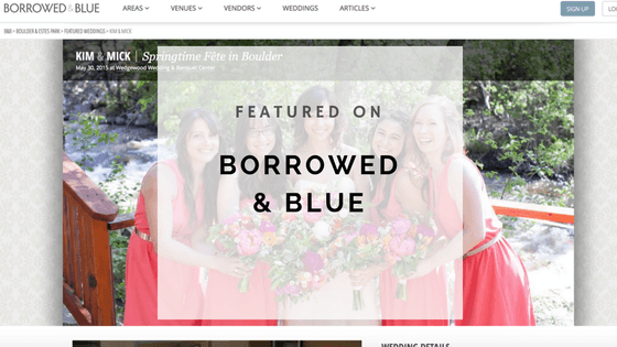 a bright pink boulder creek wedding photo below text that says featured on borrowed and blue