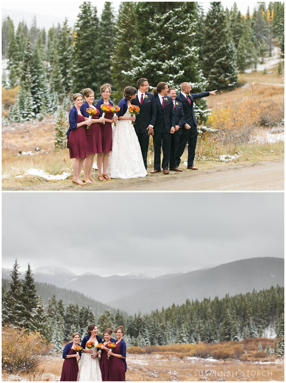 two images of a colorado wedding bridal party standing in front of snow-covered pine trees