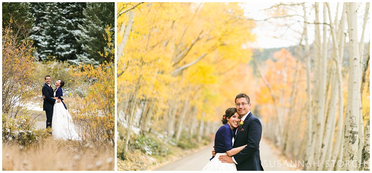 two images of a wedding couple taken on a cool fall day in the mountains