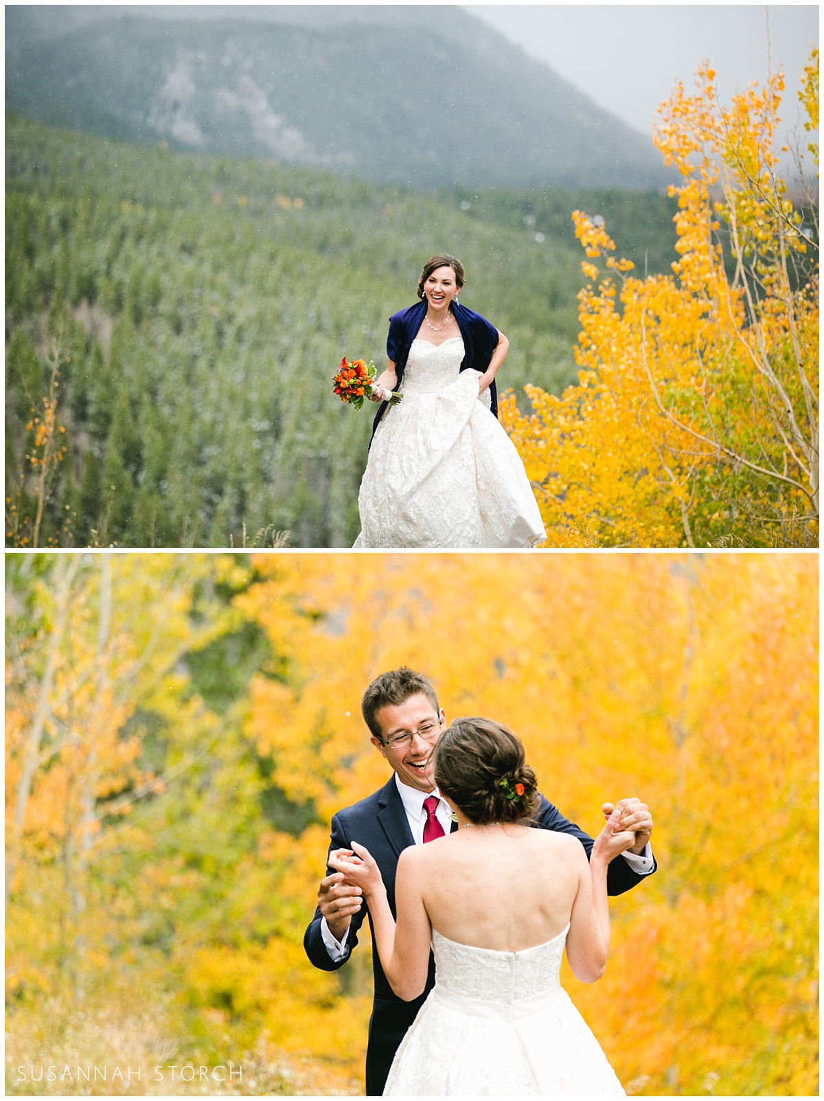two images -- one of a bride walking in front of a snowy mountain backdrop and the other of a groom smiling at the bride