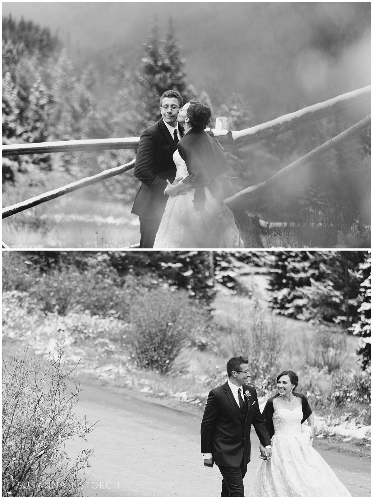 two black and white images of a mountain wedding couple