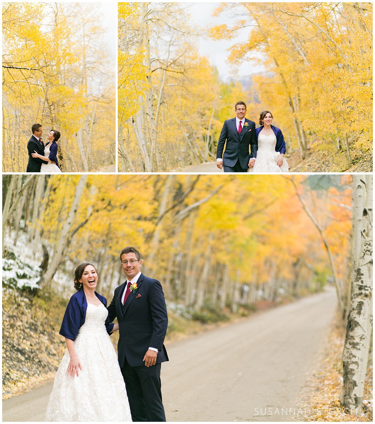 three images of a wedding couple standing among yellow aspens
