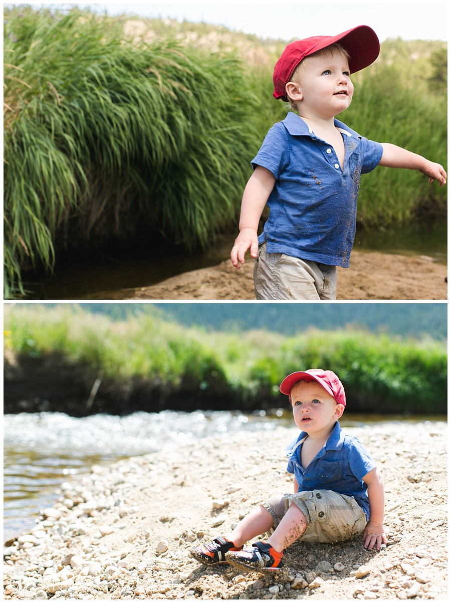 two photos of a boy in a red hat along a stream bank