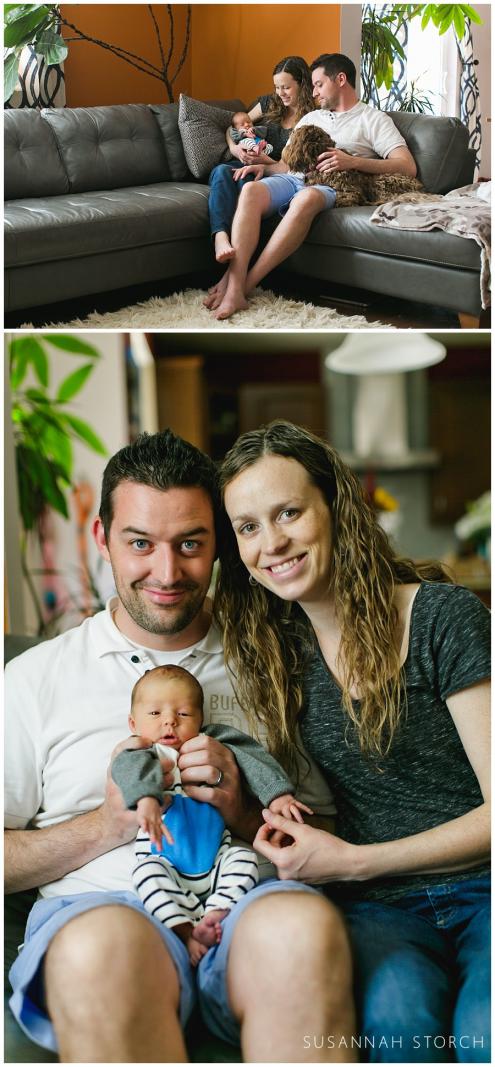 Colorado newborn photography family portrait on couch with son