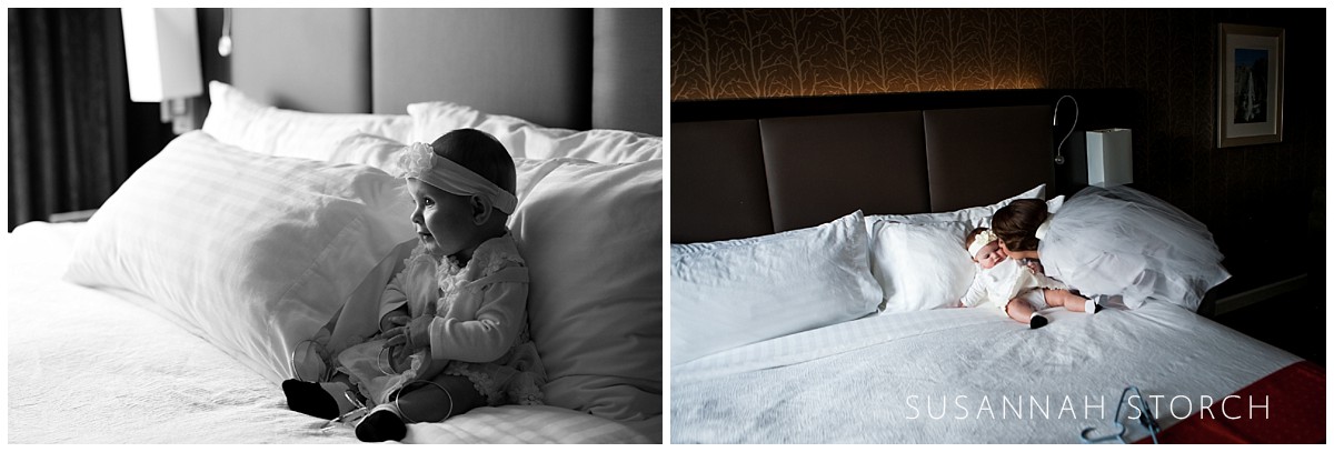two photos of a cute baby girl sitting on a hotel bed