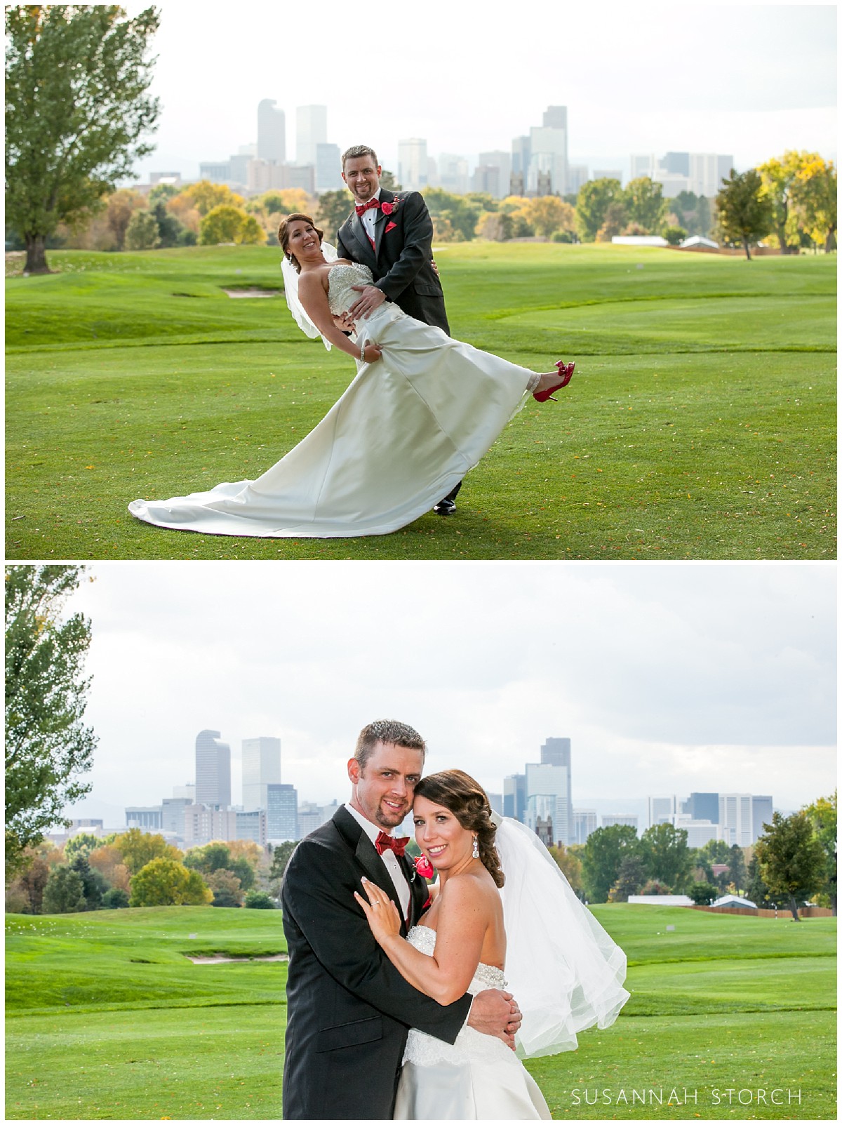 two portraits of a colorado bride and groom