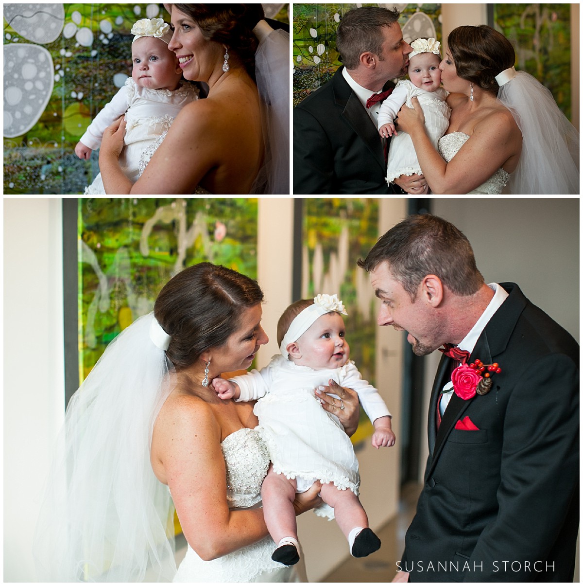 a bride holds a beautiful baby girl