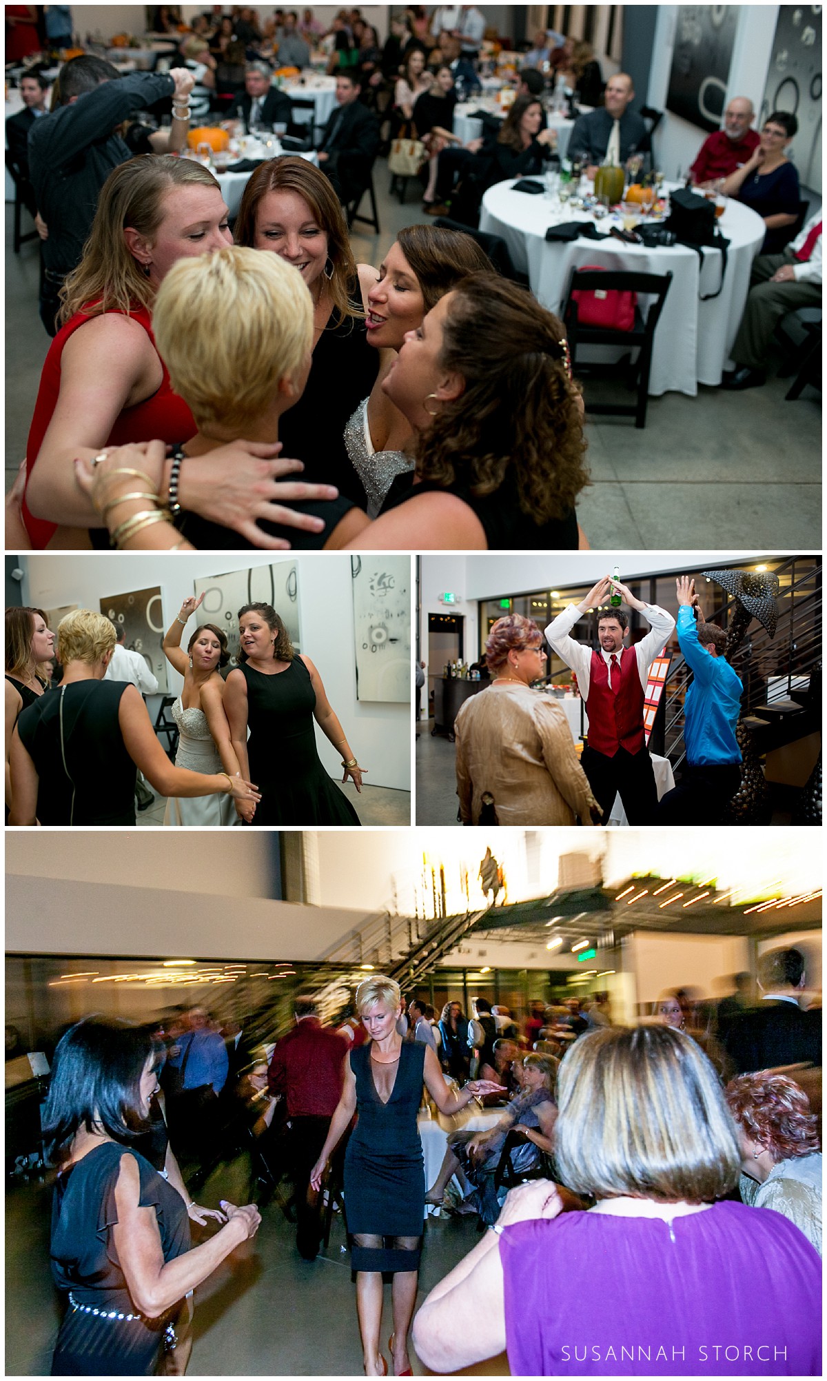 4 images of wedding reception dancing