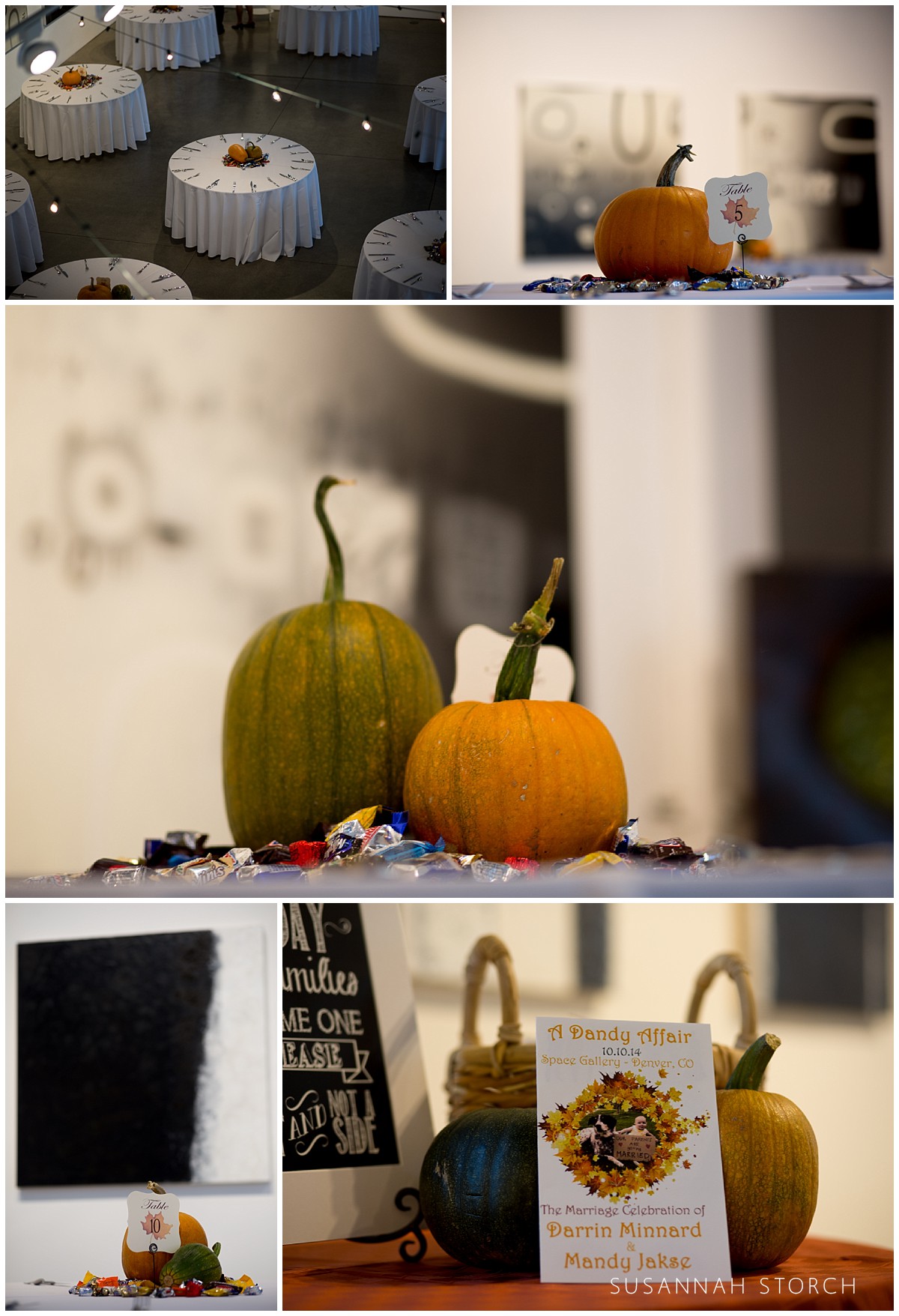 5 images of tablescapes featuring pumpkins