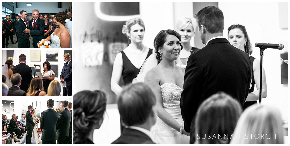 4 images of an art gallery wedding ceremony