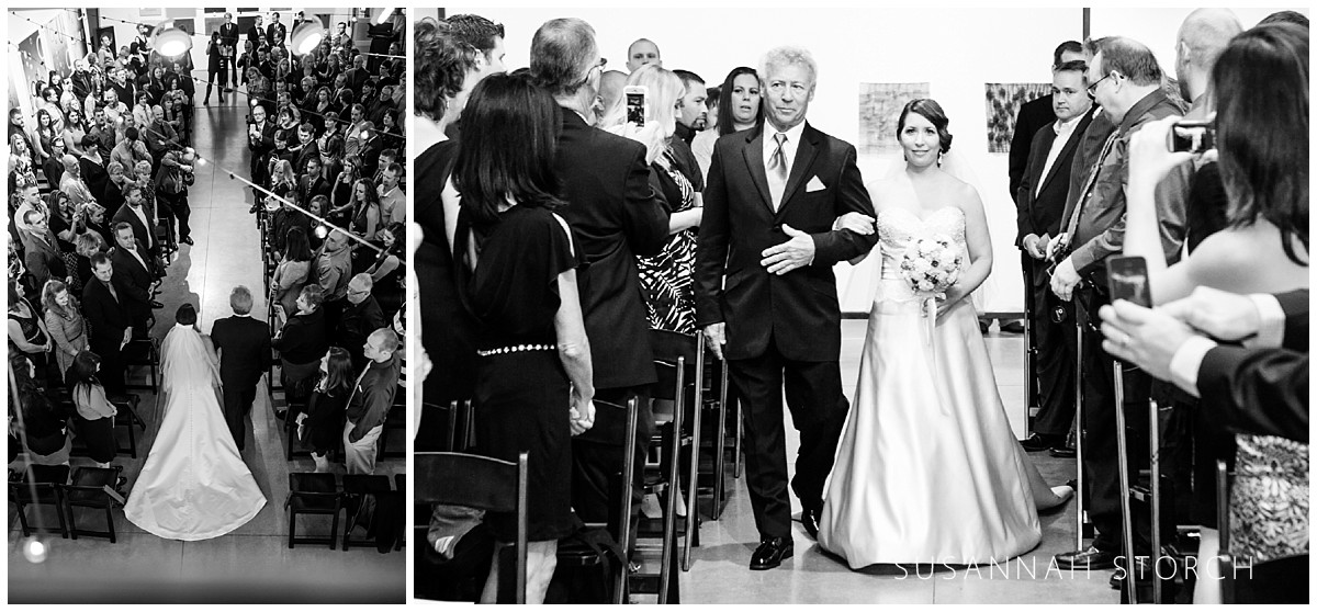 two black and white images of a bride walking down the aisle with her father