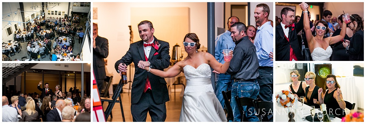 five images of people partying at an indoor wedding reception