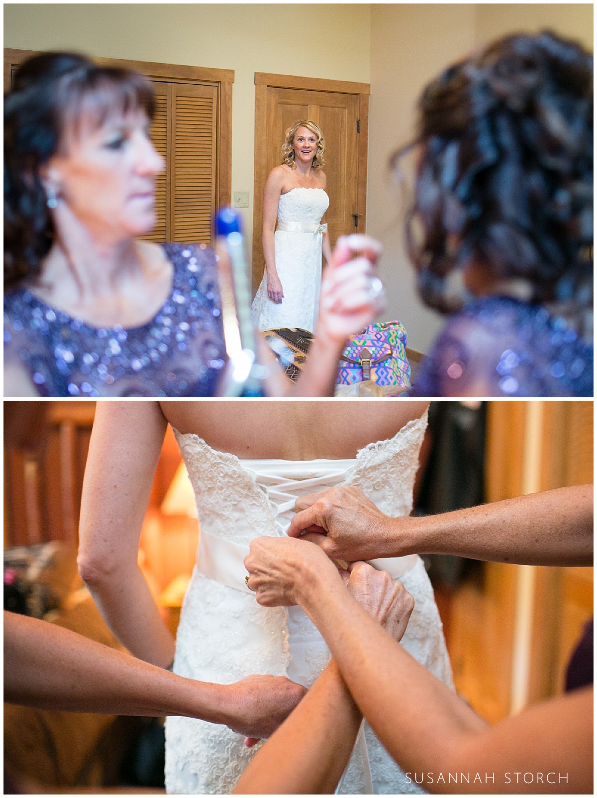 a bride gets dressed with the help of her sisters