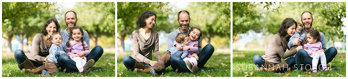 three images of a family posing in grass