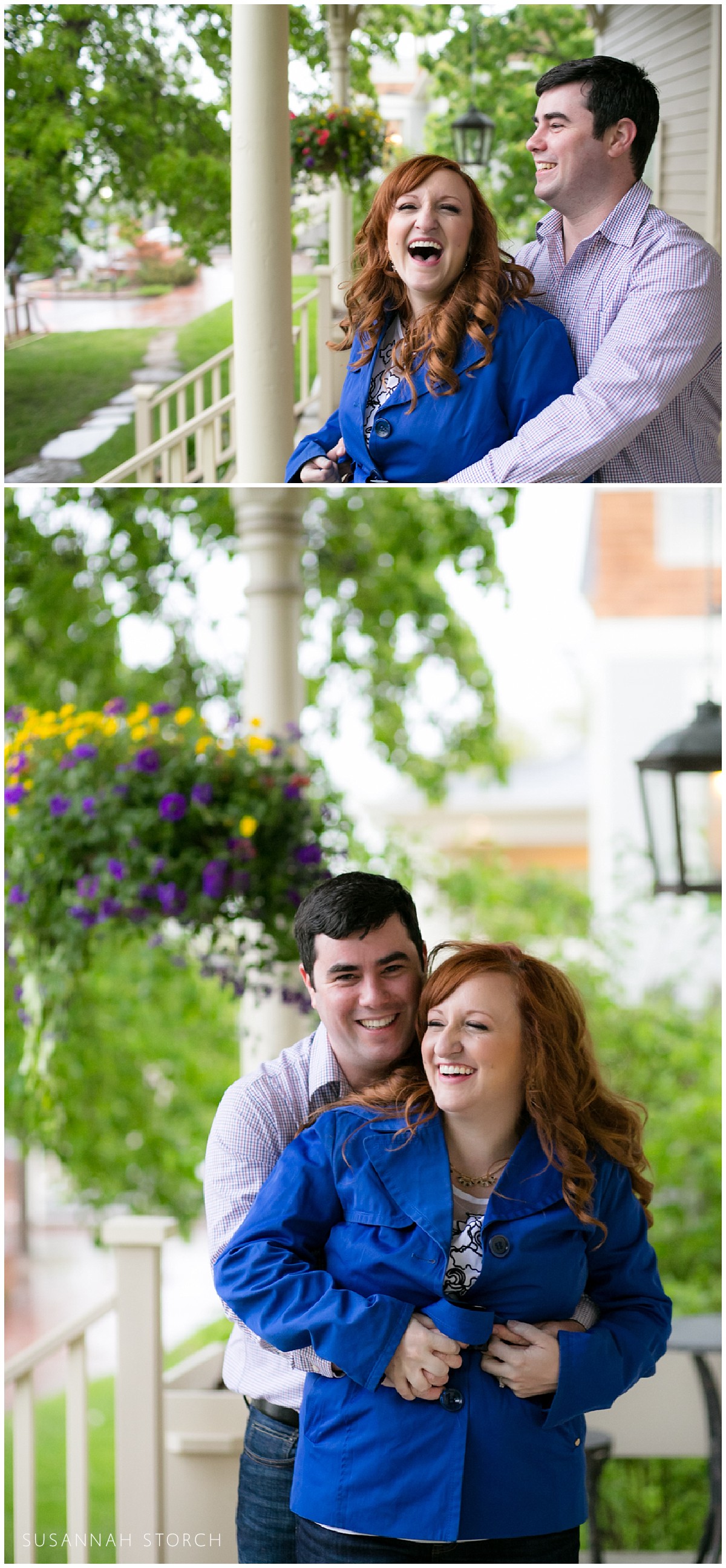 two images of an engaged couple hanging out in chautauqua