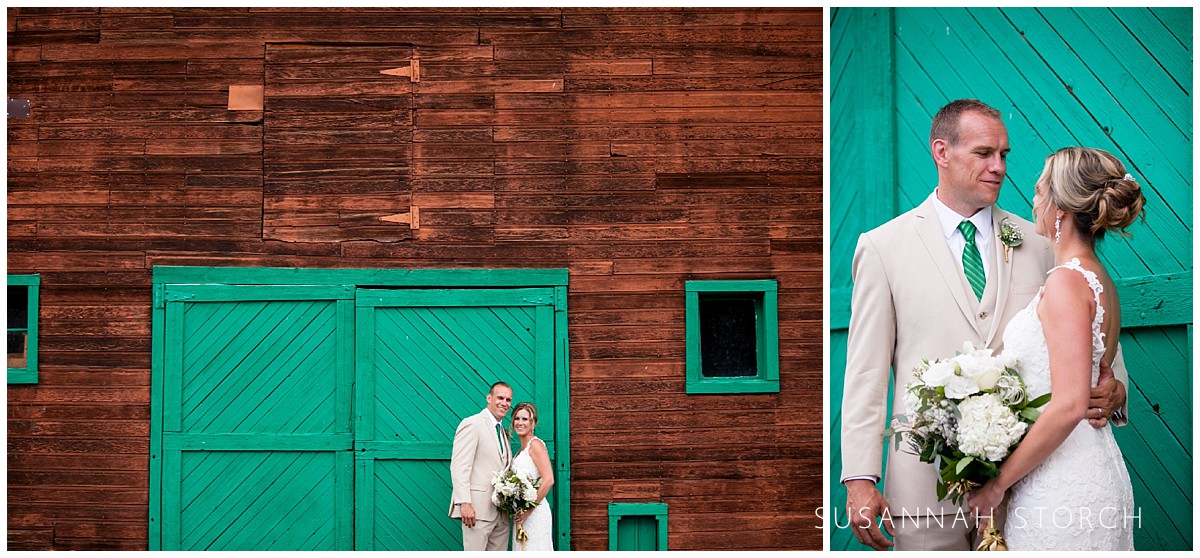 two images of the bride and groom standing in front of a barn