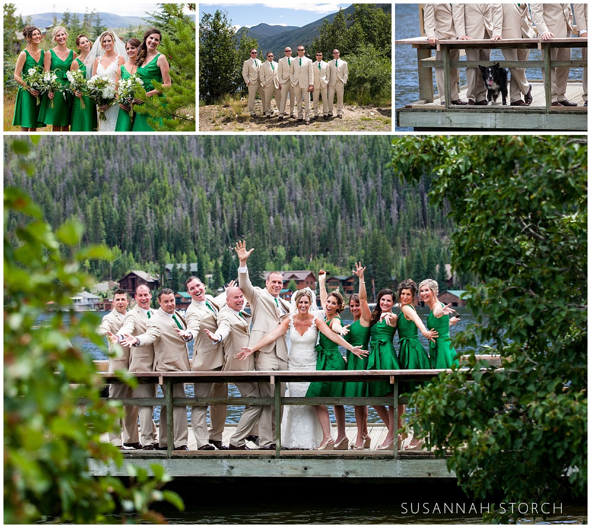 four portraits of a wedding party wearing green and tan