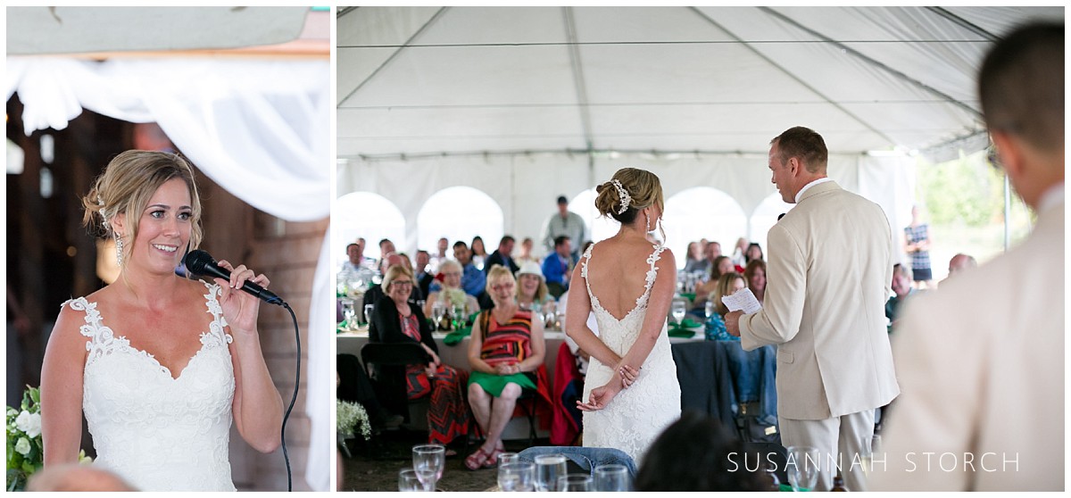 the bride and groom speak to their guests in a white tent