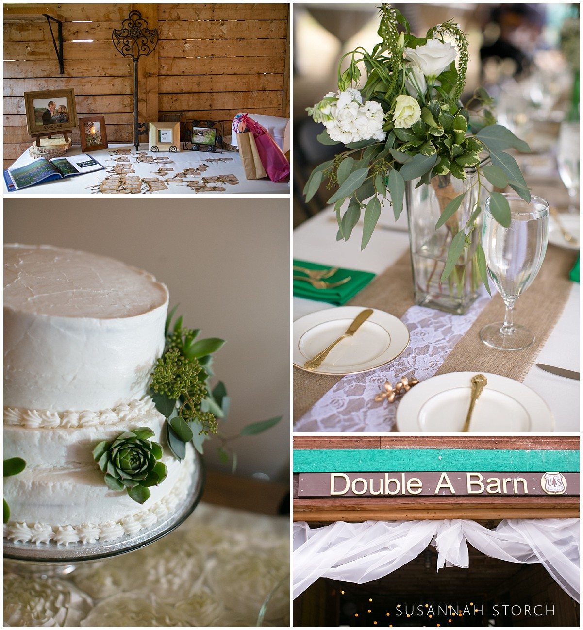 images of a wedding cake, table, sign, and gift table