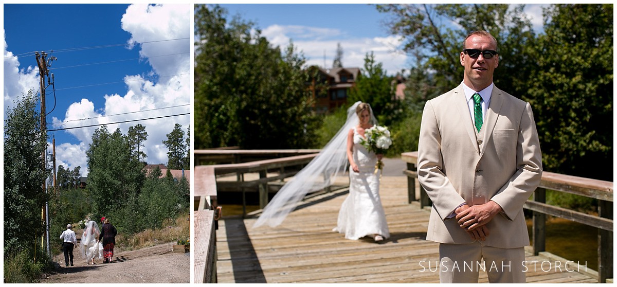 photos of a bride heading to her groom on a wooden deck