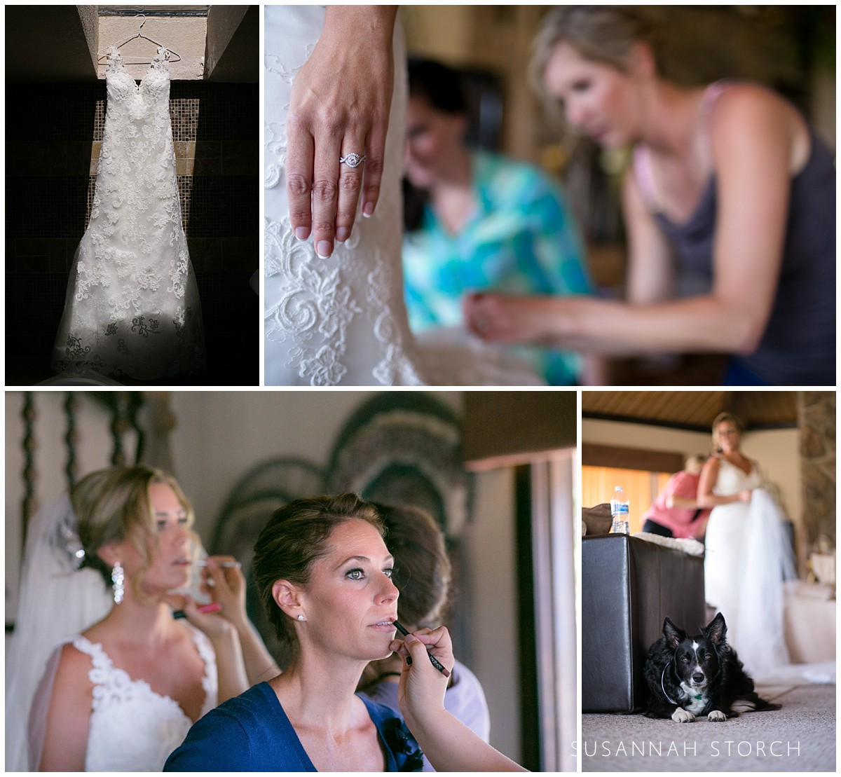 four images of the bride getting ready for her colorado mountain wedding