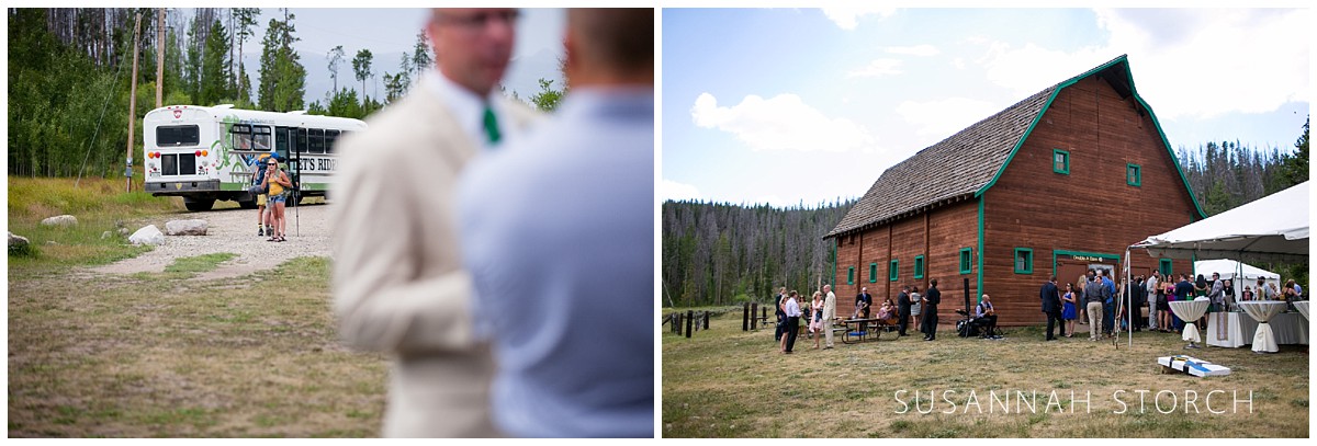 two images of the goings on during a wedding cocktail hour