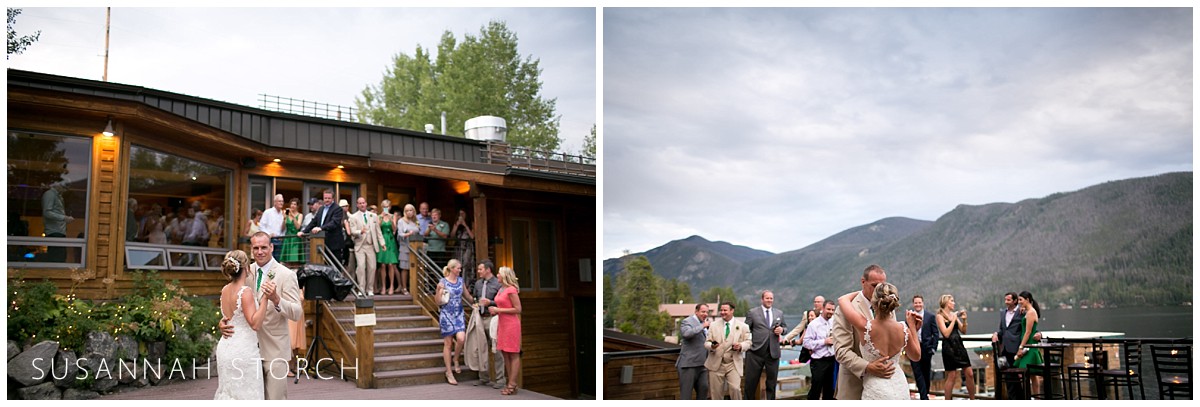 two images of the first dance at a mountain wedding
