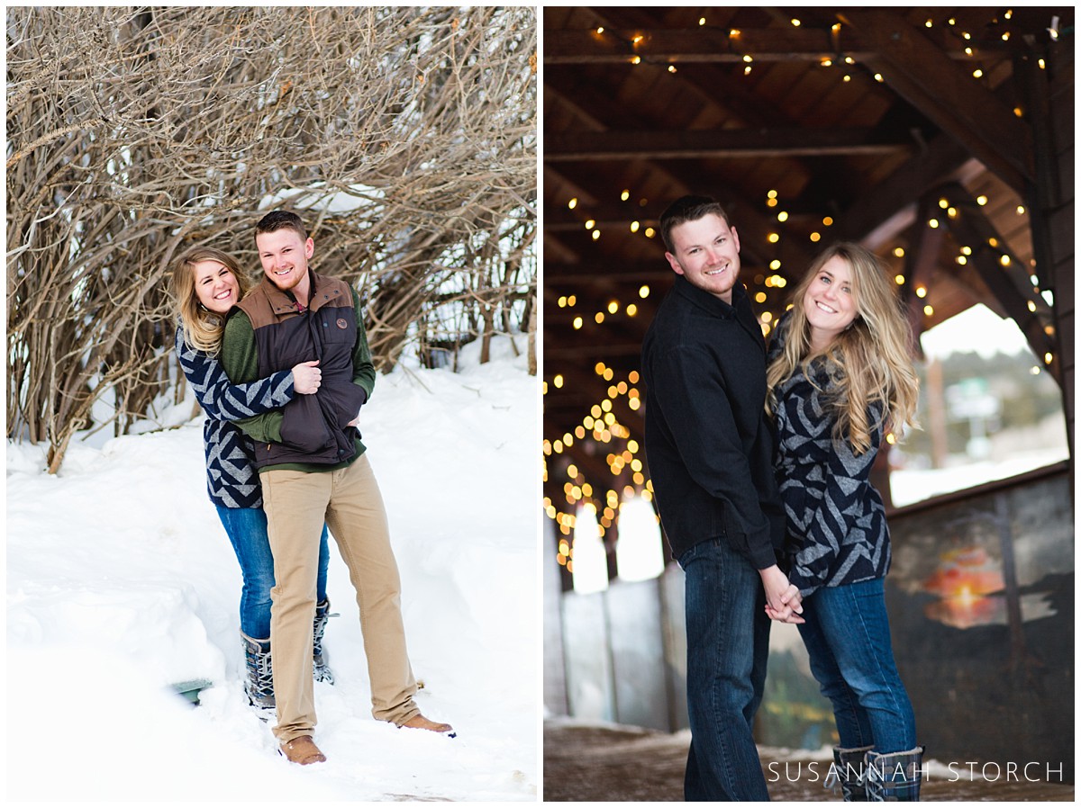 two portraits of an engaged couple having fun