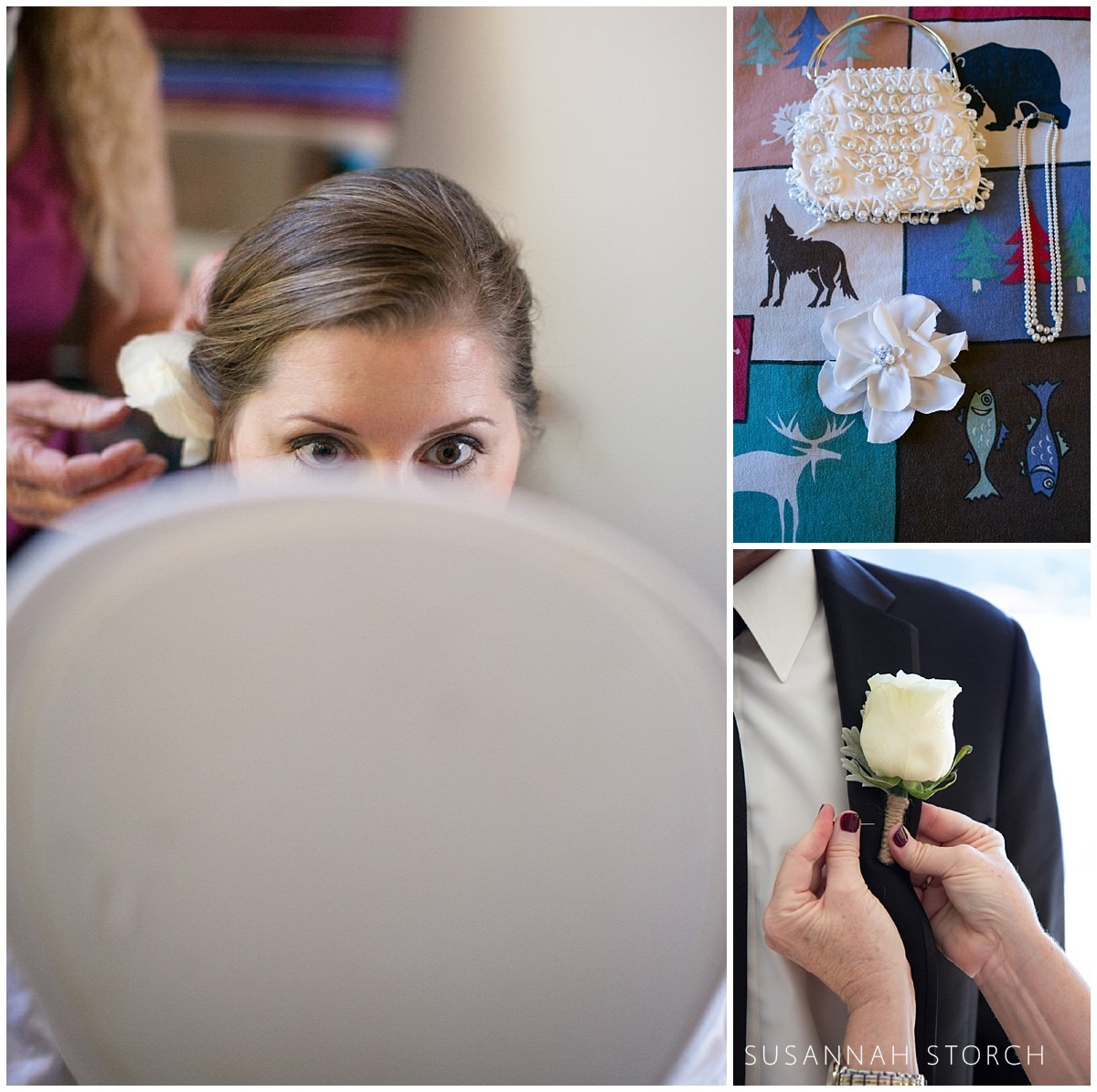 three images of the wedding couple getting ready