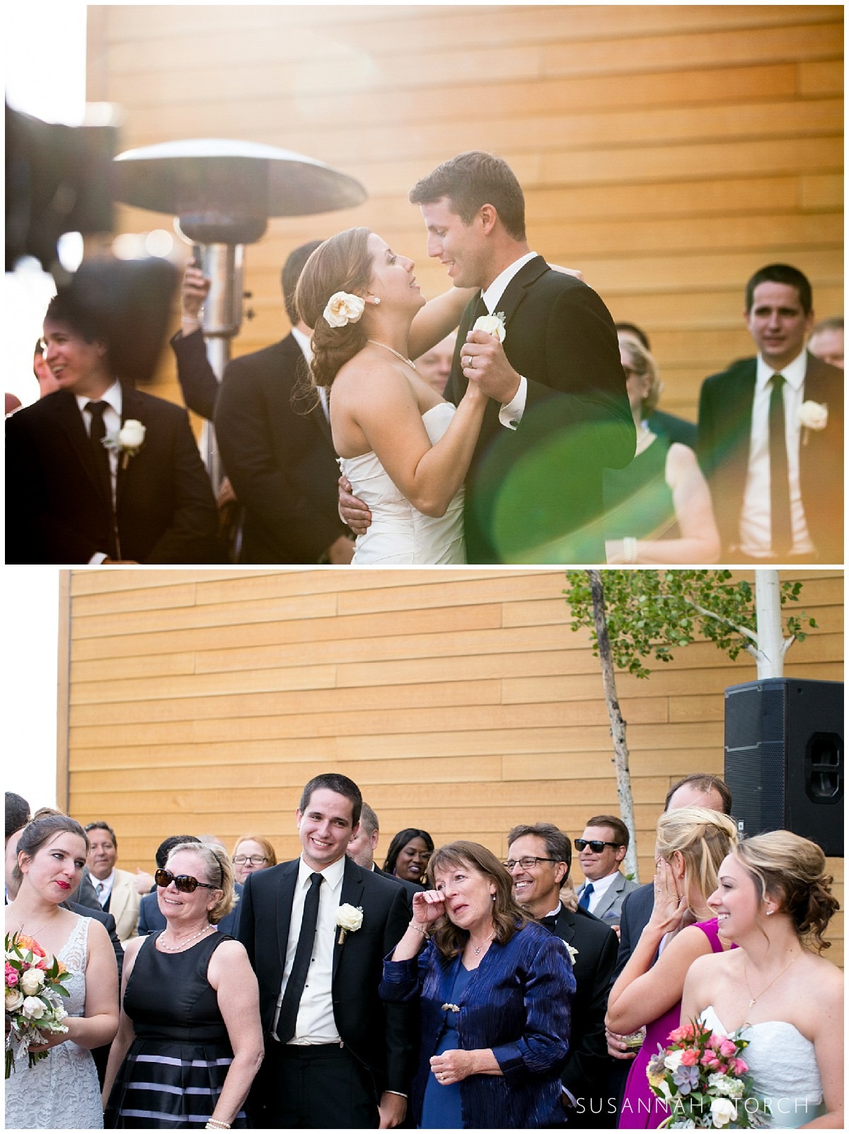 a bride and groom dance and a wedding guest wipes tears from her eyes
