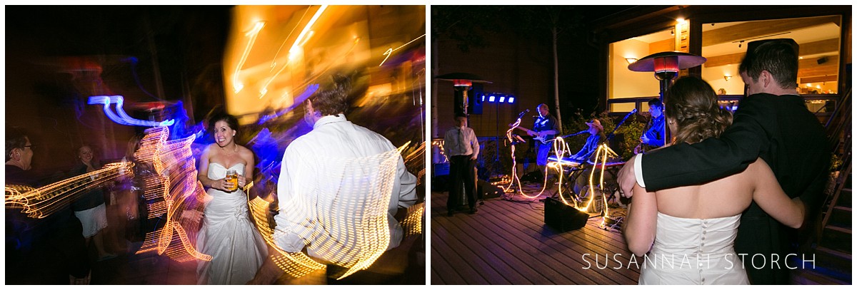two images of late night dancing at a wedding reception